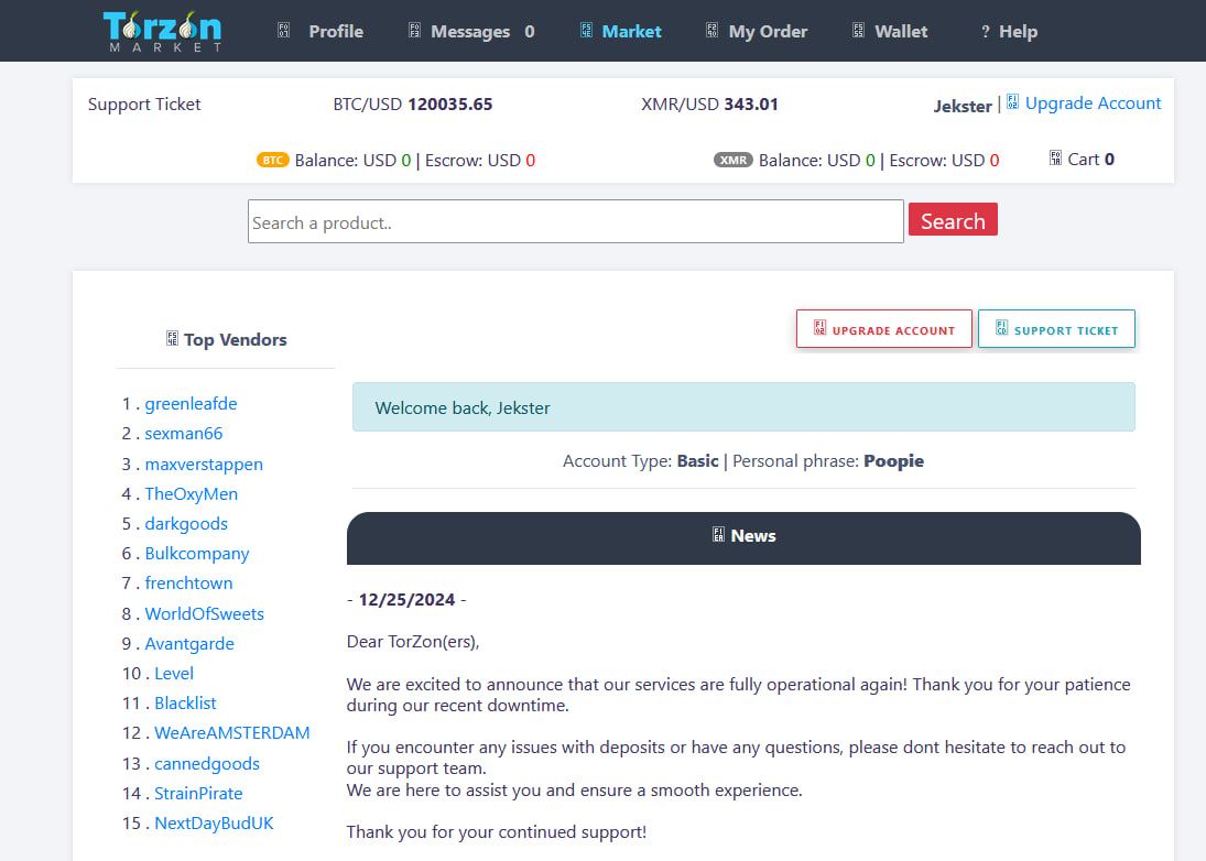 Torzon Darknet Market interface — listings overview